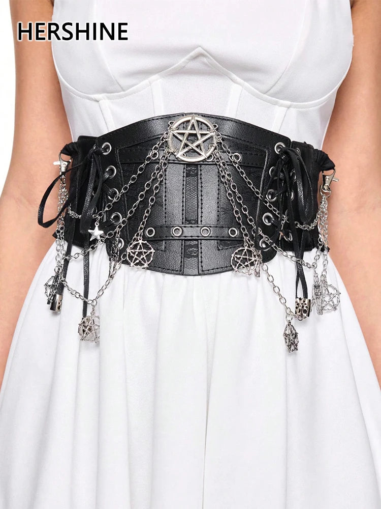 HERSHINE Women's Black Fashion Star Chain Elastic Wide Waist Belt, Y2K Gothic Punk Harajuku Rock Hip Hop Accessory，spring，summer