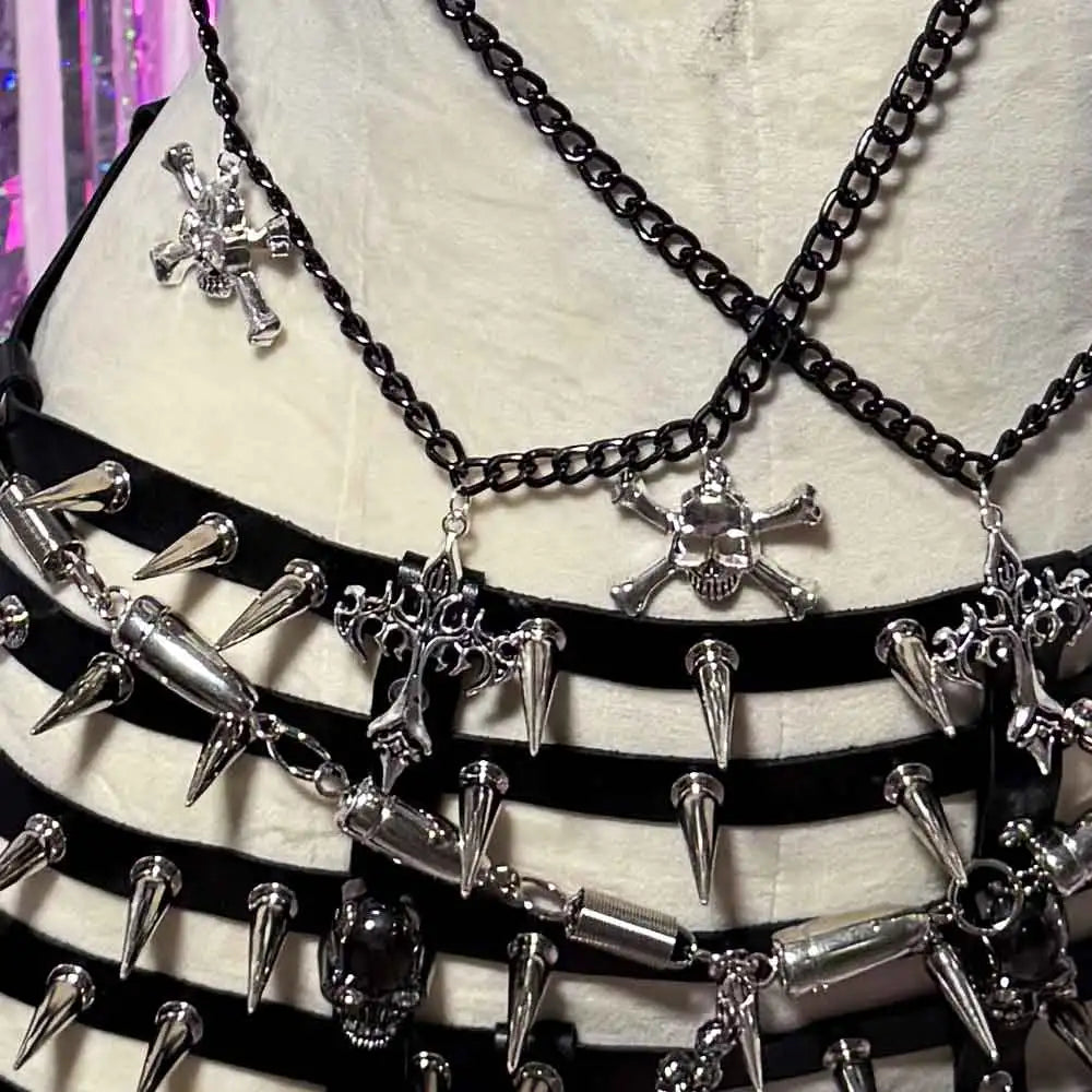 E-Girls Y2K Vegan Leather TOPS Gothic Harnesses Tank Chain Emo Hand Made Harajuku Punk Rock Studded Rivet DIY Hip Hop Grunge