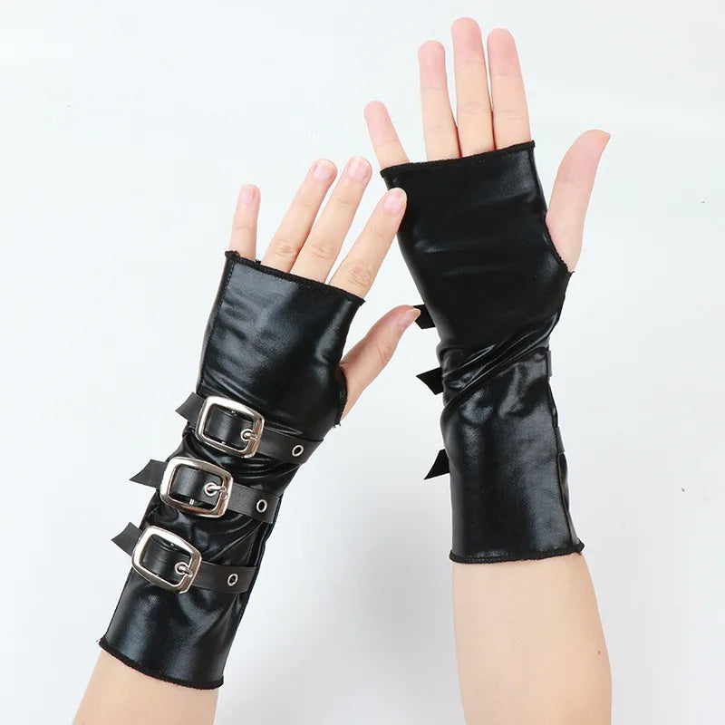 New Half Fingered Gloves for Women Gothic Black Fingerless Short Hand  Lacquer Leather Metal Buckle Wristband Dark Punk Sleeves