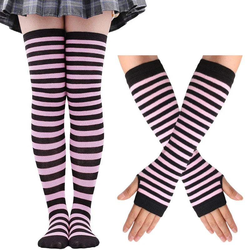 1 Set Women Girls Over Knee Long Stripe Thigh High Cotton Gothic Lolita Socks Arm Sleeve Gloves Sweet Cute Black Overknee Socks