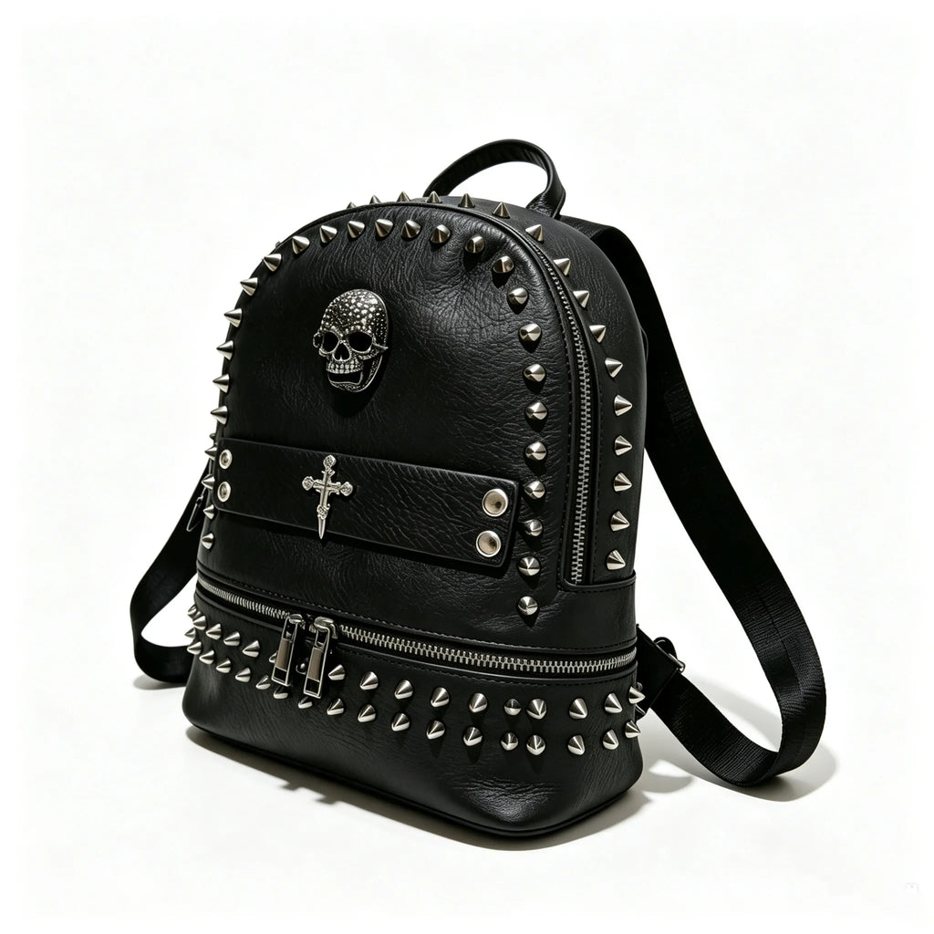 Skull Goth Locomotive Bag Fashion Leather Backpacks Original Design Punk Black Rivet Cross Backpack