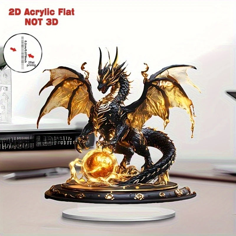Retro Black Gold Fantasy Flame Dragon Acrylic Figurine Flat Home Desk Decoration Dragon Pattern Birthday Gift