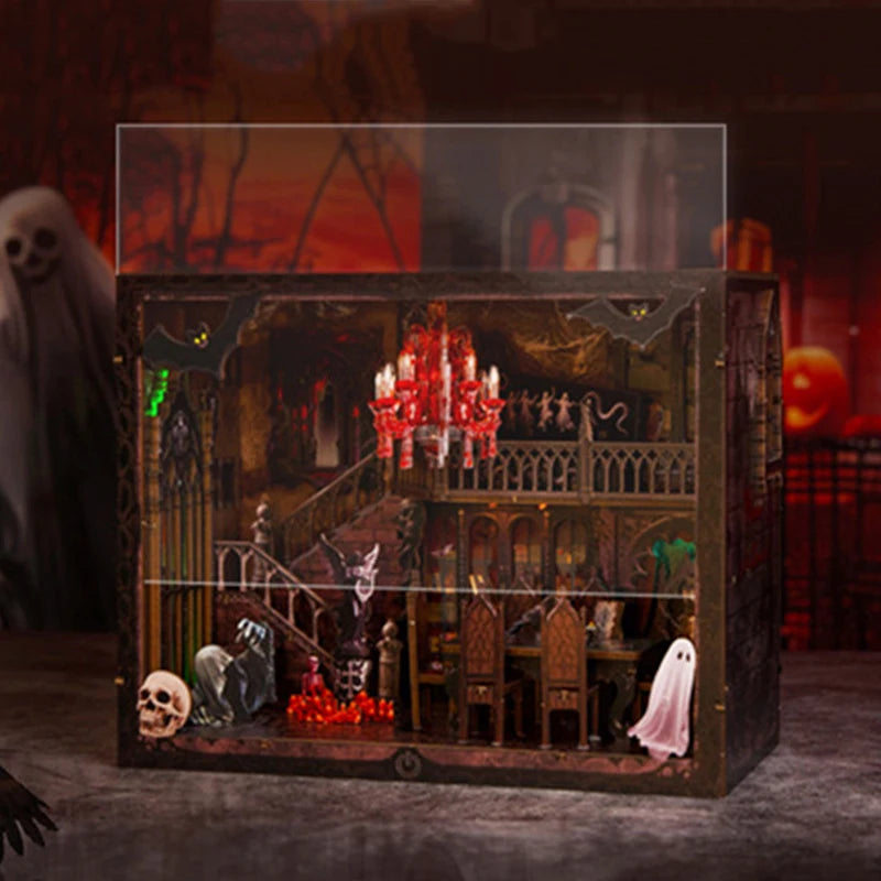 DIY Wooden Book Nook Shelf Insert Kit Halloween Dark House Bookend Miniature Model Kits Bookshelf with Light for Friends Gifts