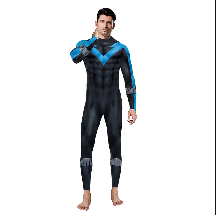 Superhero Nightwing Men Cosplay Zentai Bodysuit Dick Jumpsuit Costume Halloween Party Cosplay Catsuit Spandex Long Sleeves New