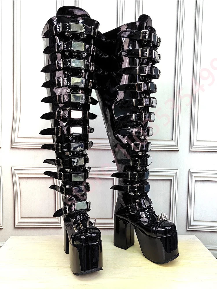 Women's Black Patent Leather Knee-High Boots 2026 New Spiked Rivet Super High Platform Boots Belt Buckle Gothic Punk Party Boot