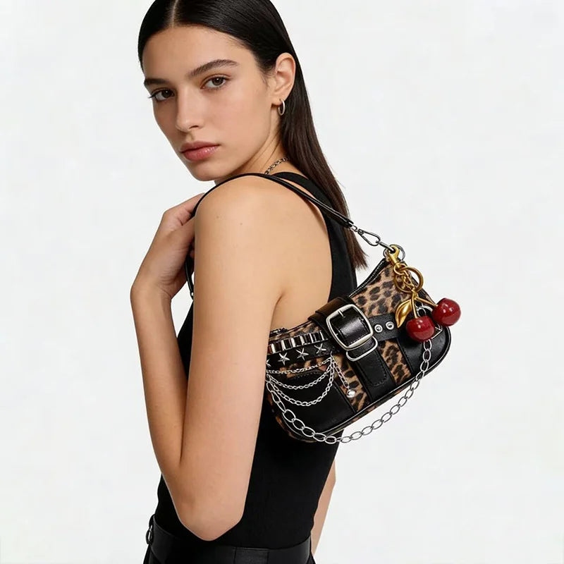 Y2K Punk Shoulder Bag For Women Retro Chain Rivet Underarm Handbag PU Leather Color‑block Sling Crossbody Bag Fashion Party Purse