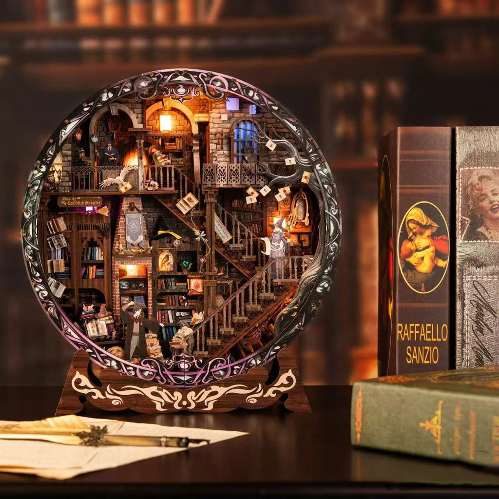 DIY Wooden Magic Library Casa Figurines Miniatures Assembled Villa with Light for Friends Birthday Gifts Home Decor Crafts