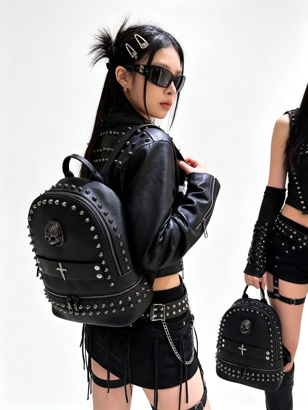 Skull Goth Locomotive Bag Fashion Leather Backpacks Original Design Punk Black Rivet Cross Backpack