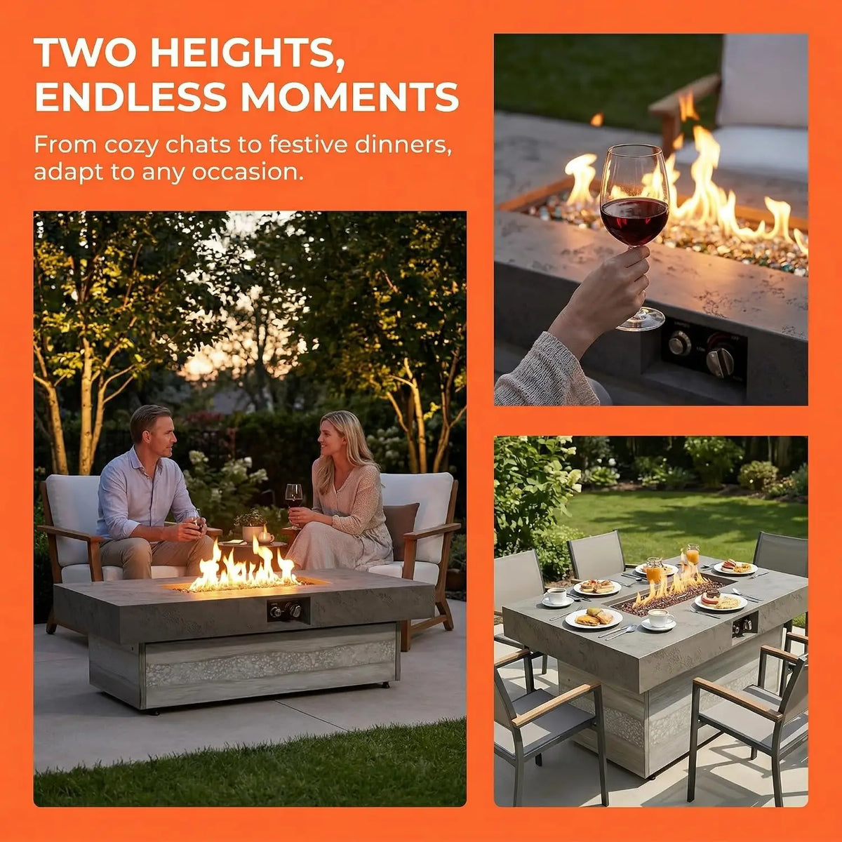 48x24 Adjustable Propane Fire Pit Table 50000 BTU Cement Grey, Custom