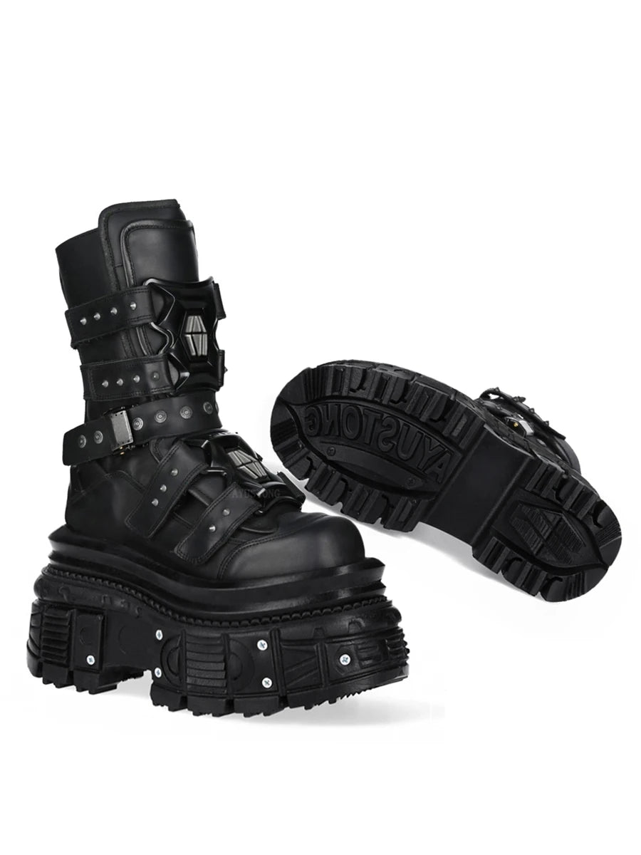 Cyberpunk Metal Black Motorcycle Boots 2025 New Street Rock Thick Sole Round Short Boots 36-45 Fashion Sports Casual Gothic Boot