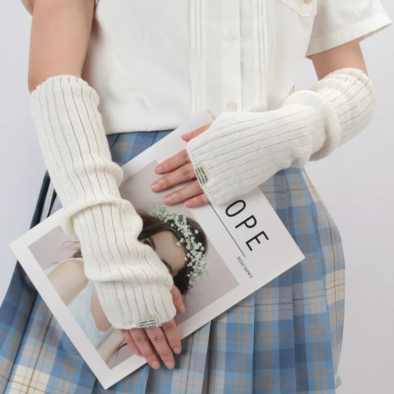 Women Fingerless Gloves Arm Warmers Goth Knitted Kawaii Lolita Style Gloves Wrist Sleeves Harajuku Mittens Y2K Black Accessories