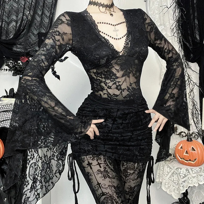 Goth Dark Cutecore Lace See Through Pullovers Tops Thin Sexy V-neck Flare Sleeve T-shirts Mall Gothic Bead Chain Decor Blouses