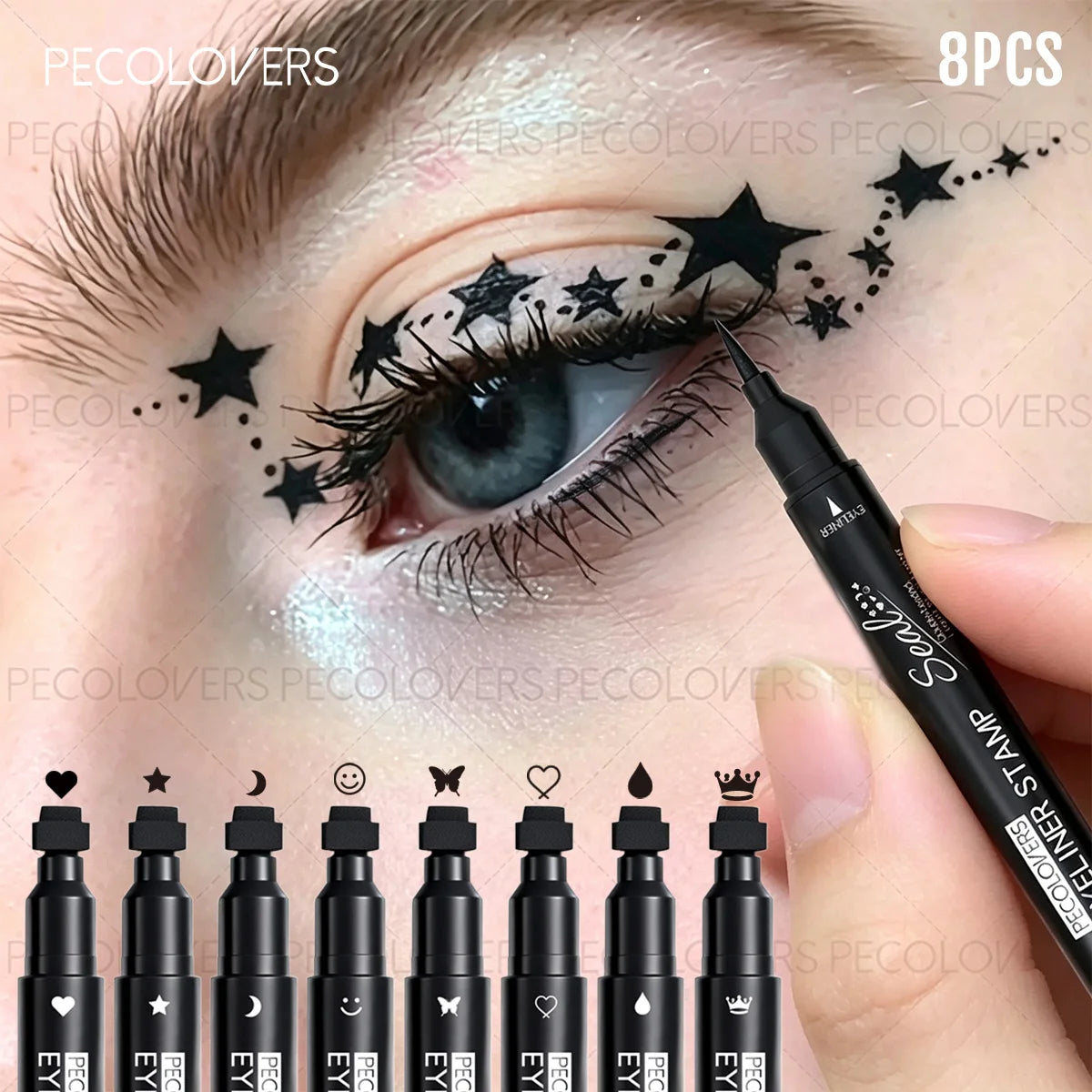 8PCS/SET Dual Tip Eyeliner Liquid Pen,Quick Dry Coating,Fade Resistant,Rich Classic Color Selection,Variety Decorative Stamp Shapes,Slender Writing Head,Easy Control Eye Cosmetic Set For Makeup Starters