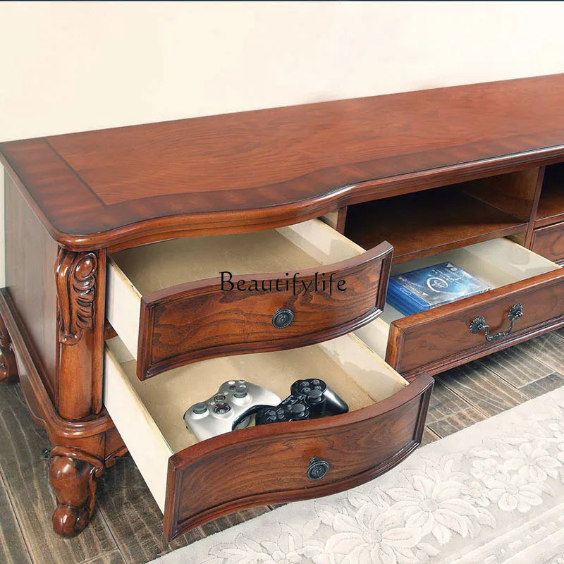*American country solid wood, living room glass door European carved TV cabinet