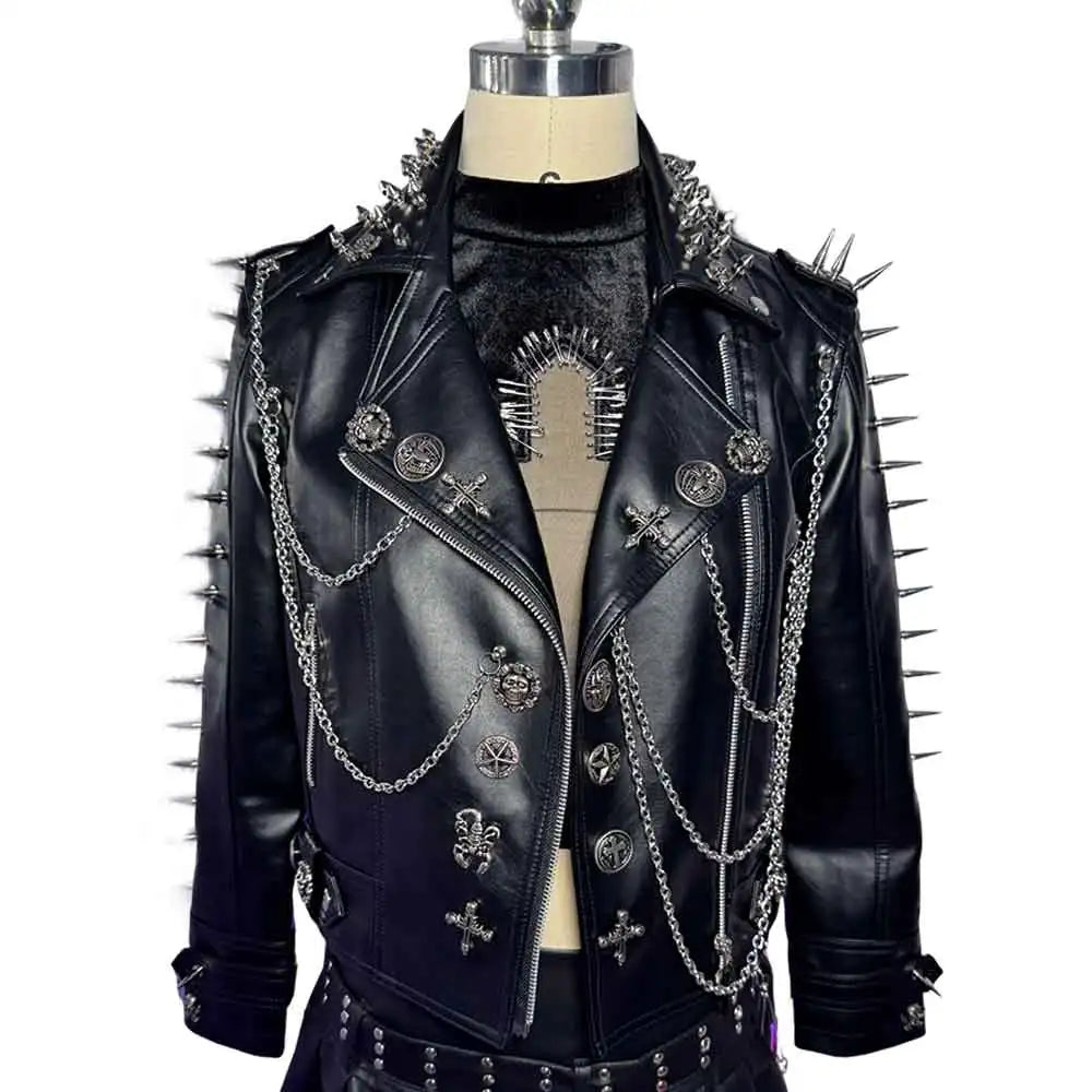Gothic E-Girls Skull PU Leather Jacket Y2K Trendy Punk Rock Harajuku Chain Cross Street Wear Digital Glitch Core Club Goth