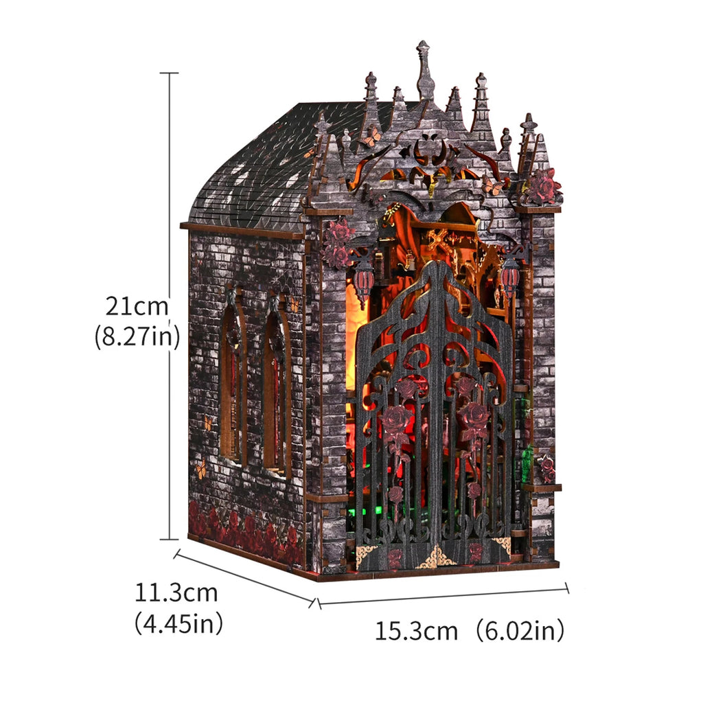 DIY Wooden Book Nook Figurines Miniatures Dark Castle Bookend with Light Bookshelf for Friends Birthday Gifts Home Decor Crafts