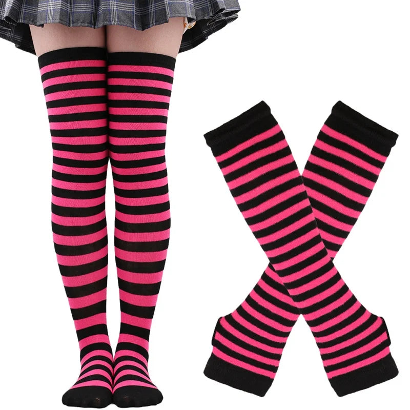 1 Set Women Girls Over Knee Long Stripe Thigh High Cotton Gothic Lolita Socks Arm Sleeve Gloves Sweet Cute Black Overknee Socks