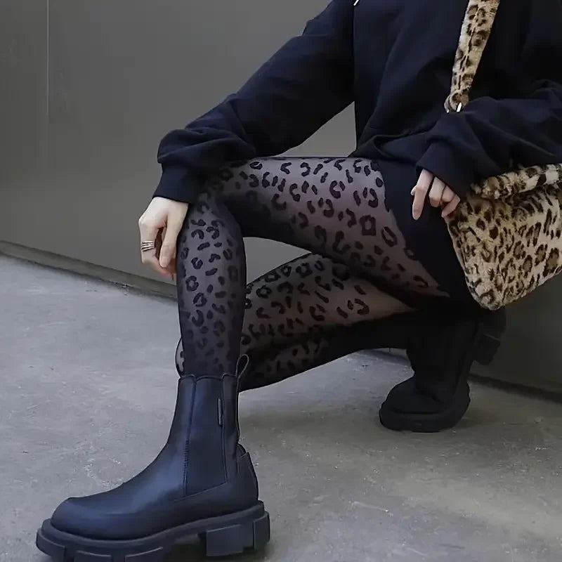 Vintage Women Sexy Thin Transparent Silky Pantyhose Gothic Black Sexy Leopard Animal Pattern Sheer Tights Seamless Stockings