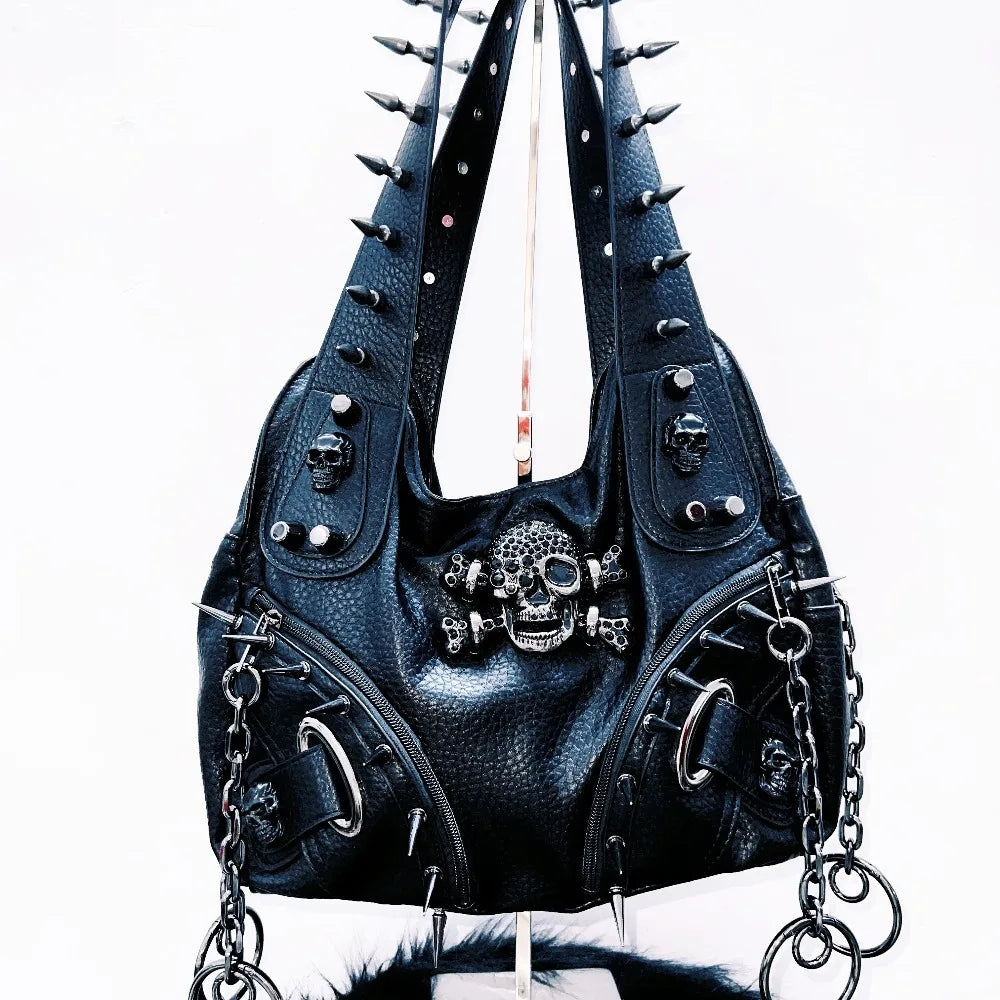 Original Punk Style Black Leather Hip Hop Rock Metal Bag Rivet Skull Bag Goth Punk Shoulder Bag