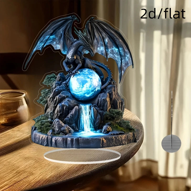 2D 8in Retro Bohemian Black Dragon Crystal Ball Flat Acrylic Landscape Design Mysterious Figurine Cool Tabletop Decora Gifts