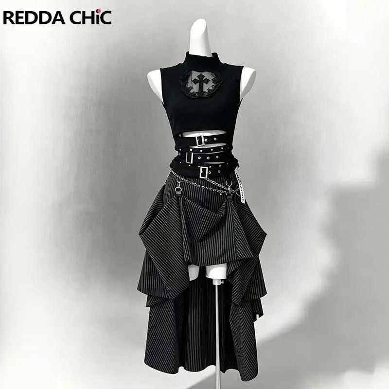 REDDACHiC Lace Hollow Sleeveless Top Skirt Women Set Goth Black Stripe Bustle Skirt Belt Tank Top Grunge Music Festival Outfits