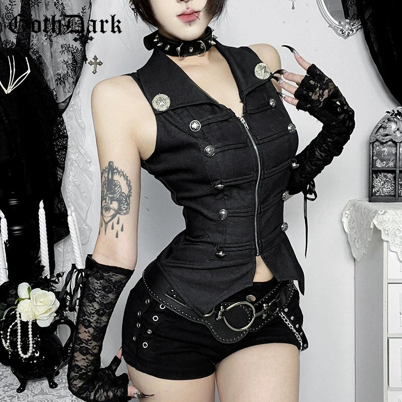 Goth Dark Punk Style Sleeveless Zip Cardigan Crop Tops Women Cyber Y2K Teachwear Gothic Button Slim Fashion Streetwear Tank Top