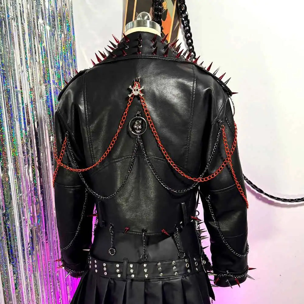 Women's Y2K Gothic Black PU Leather Jacket Spiked Boho Emo Punk Rock Grunge Rave Festival Coat with Spikes for Teens