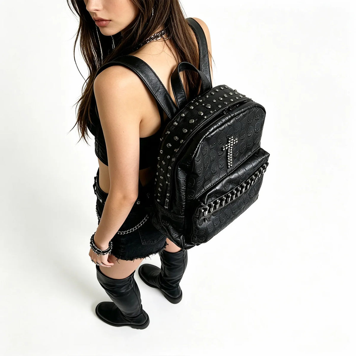 Punk Goth Rivet Skull Pattern Personality Backpacks Large Capacity Commuter Rock Backpack Y2K Black Leather Backpack