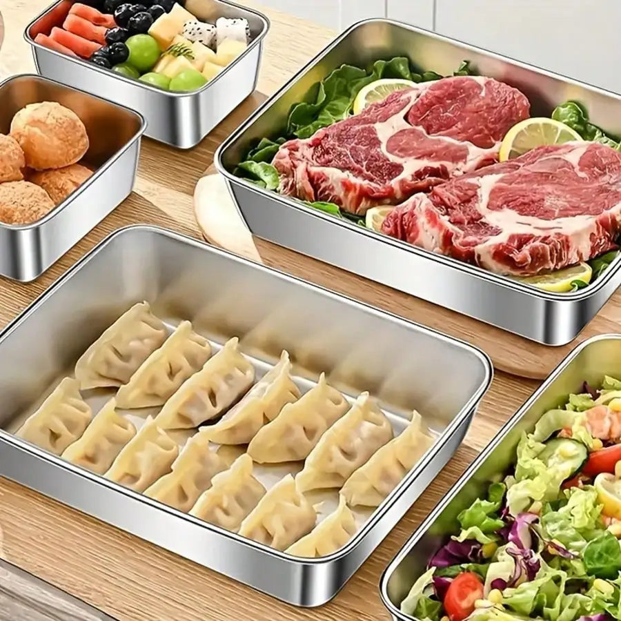 5-Piece Stainless Steel Food Storage Container Set With Clear Lids | Large Square Containers For Storing Meat, Fruits, And Vegetables - Ideal For Camping, Outdoor, And Home Use; Stackable Kitchen Storage Boxes.