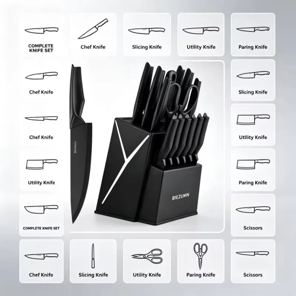 Kitchen knife set, 15-piece black kitchen knife set with block, dishwasher safe kitchen knife set with built-in sharpener, stainless steel black knife set birthday gift for mom or dad, kitchen gadget set
