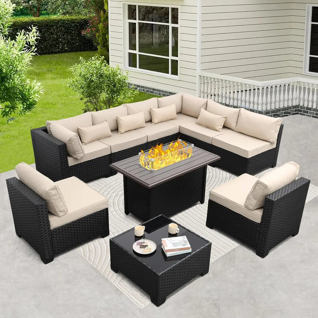 10 Pieces Outdoor Sectional All-Weather Wicker Patio Furniture Set Patio Sectional and Steel Fire Table and Glass, Customized