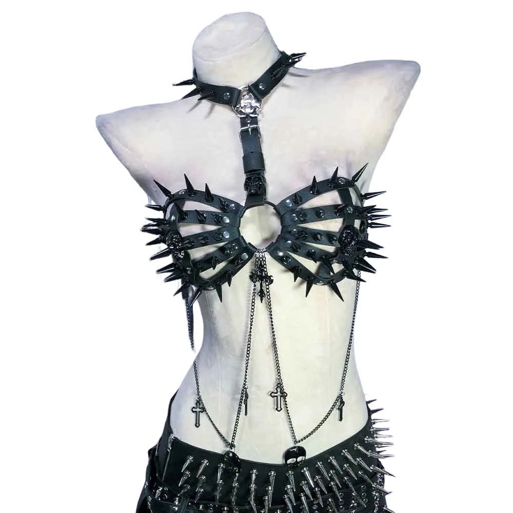 Goth Tops with Spikes Festival Bra Emo Clothing Summer Cyber Y2K T-shirt Punk Mini Rock Clothes Grunge Gothic Tank Rave Outfits