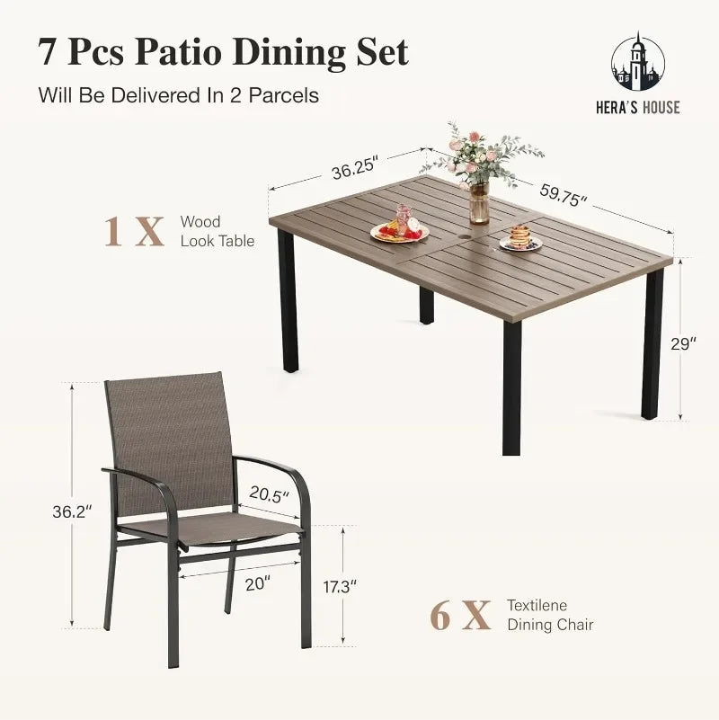 HERA'S HOUSE Patio Table and Chairs for 6, 7 Pieces Outdoor Deck Dining Sets, Wood-Like Rectangular Metal Table Set with Chairs