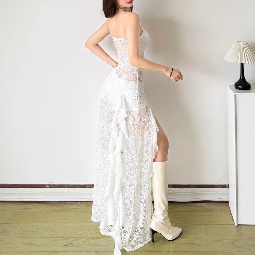 Goth Dark Spaghetti Strap Mesh See Through Long Dress Women Fairycore Beach Outfits Y2K Gothic Aesthetic Hem Split Party Dresses