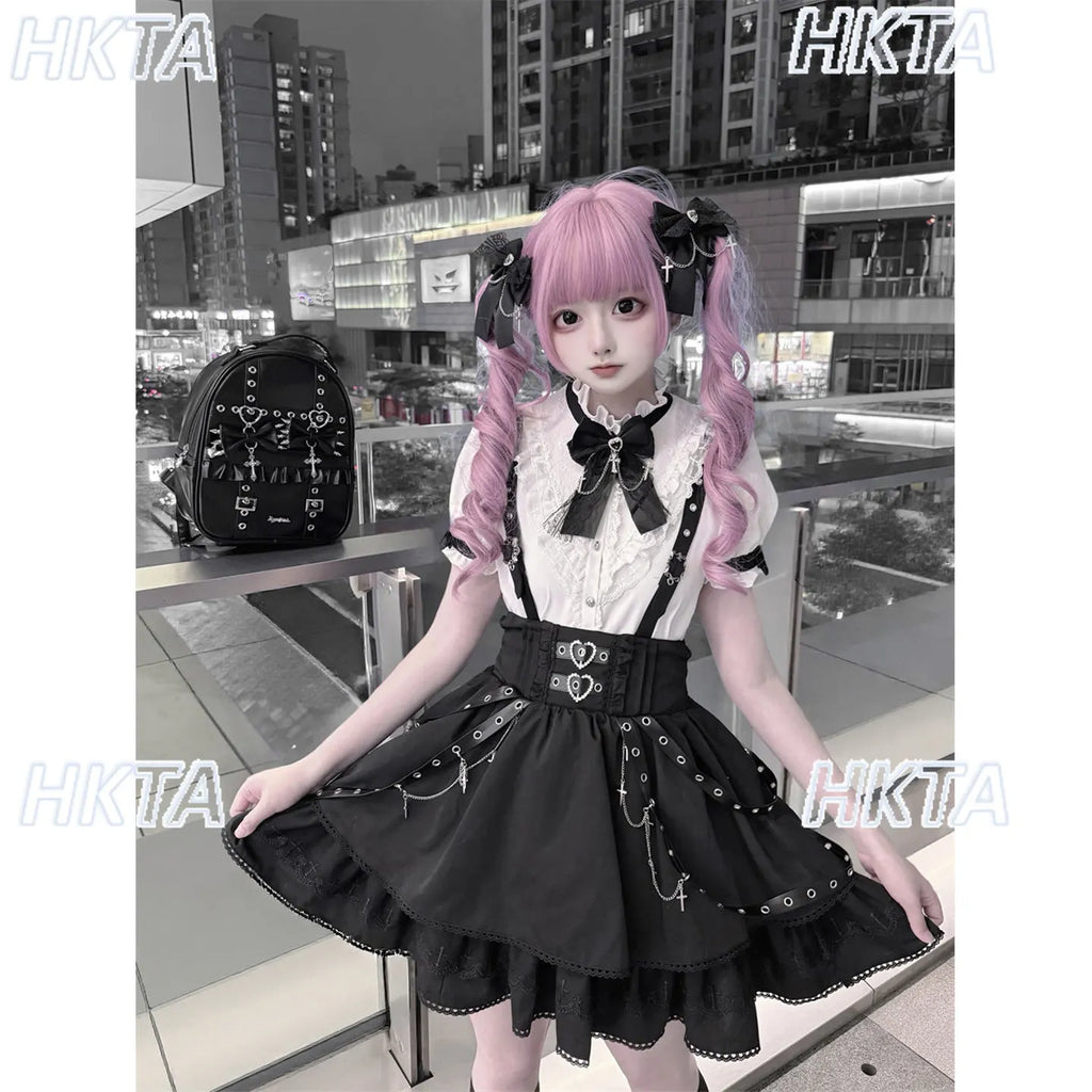 Dark Y2K Punk Autumn New Lolita Riveted Pleated Bow Backpacks Ladies Subculture Goth High Street Personality Bag Black Bag Women