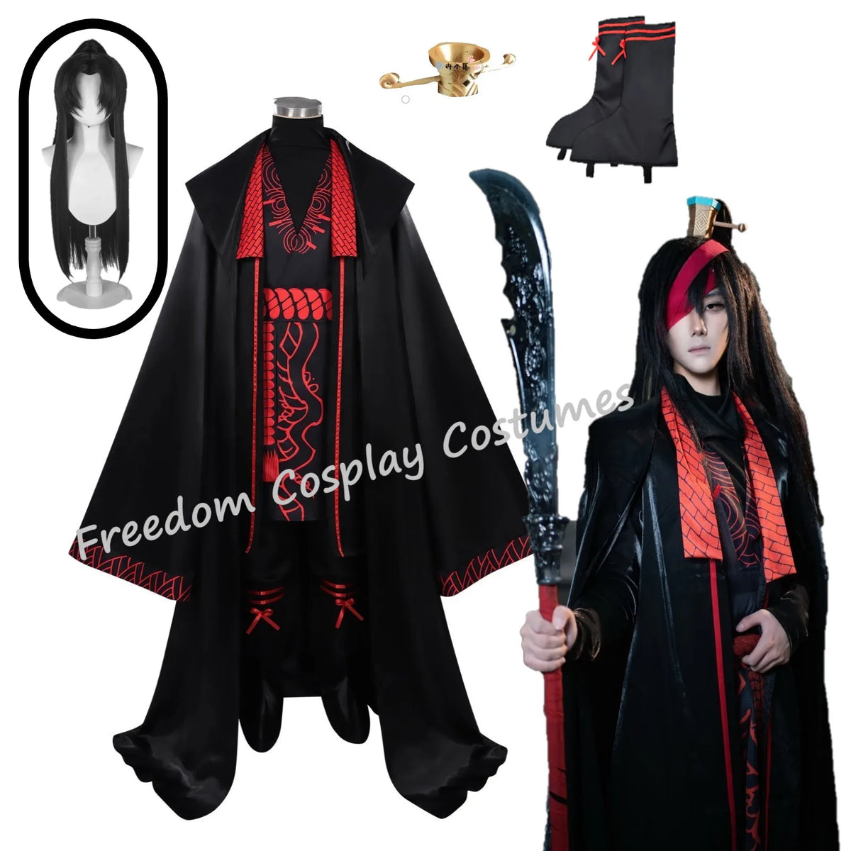 Anime Game Limbus Company Jia Qiu Cosplay Costume wig Black Hanfu Cape Coat Pants Set Men Women Halloween Party Performance suit