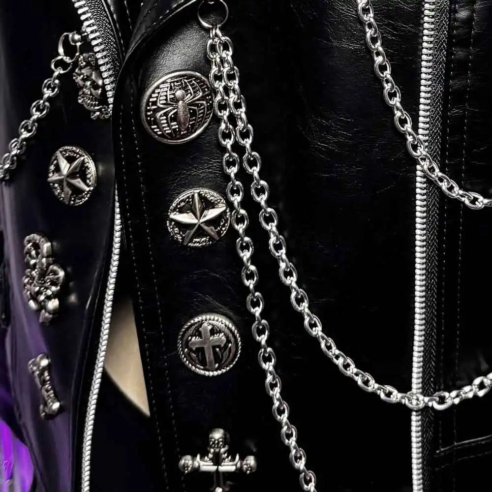 Gothic E-Girls Skull PU Leather Jacket Y2K Trendy Punk Rock Harajuku Chain Cross Street Wear Digital Glitch Core Club Goth
