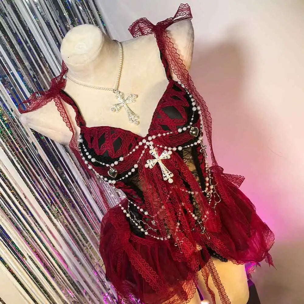 Red Gothic Dress for Women Y2K Rave Cyber Punk Rock Star Goth Cross Lace Scene Emo ALT Grunge E-Girls Lolita Ball Gown Clothing