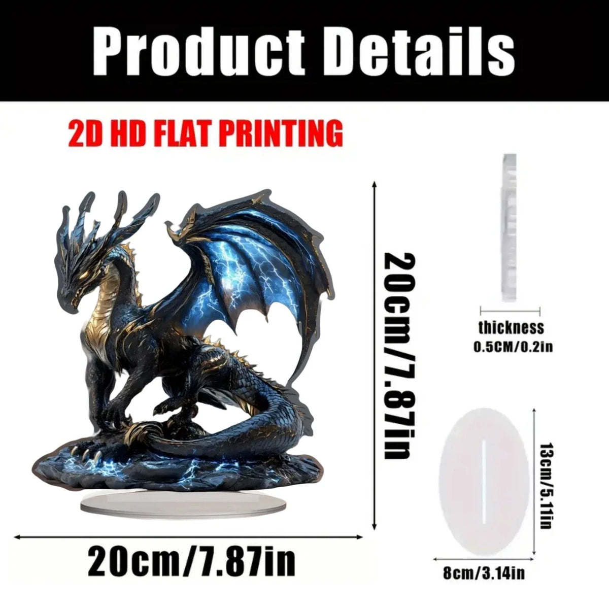Black Dragon with Lightning 2D Flat Acrylic plaque,Home,Office,Cafe,room,Studio,display Case,Table Ornament Decor Sign Gift