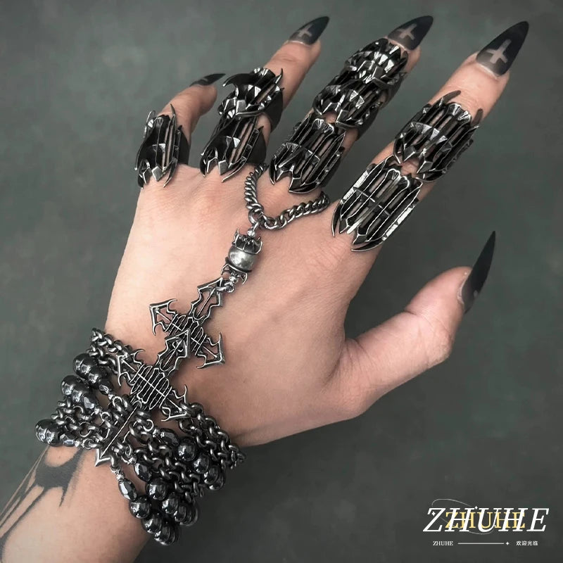 Copper Material Jewelry Accessories For Men Women Gothic Cross Multi-Layered Stacked Bracelet Dark Punk Beaded Chain Wristband S