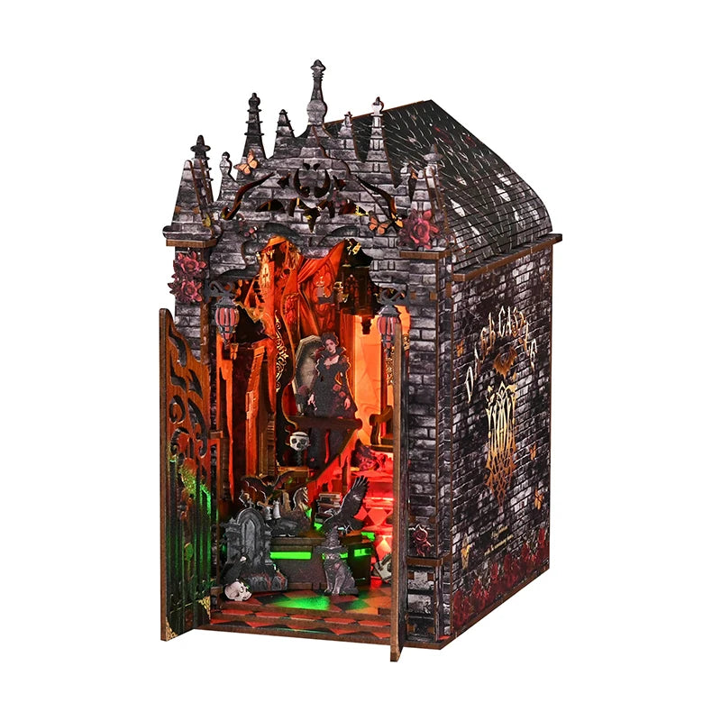 DIY Wooden Book Nook Figurines Miniatures Dark Castle Bookend with Light Bookshelf for Friends Birthday Gifts Home Decor Crafts