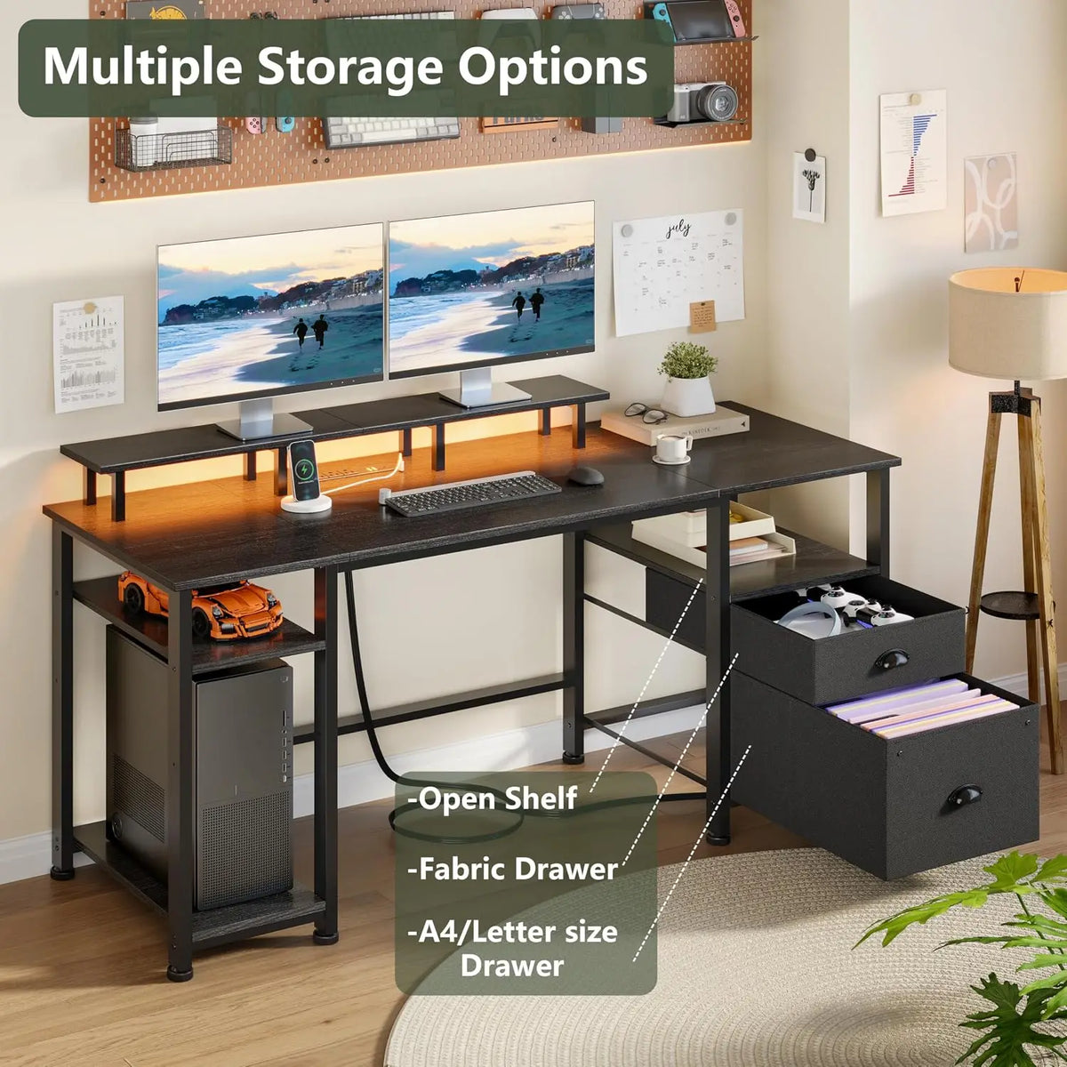 61' Gaming Desk with Outlets & LED, Large Computer Desk, Black | AC Outlets & USB, Ergonomic Monitor Stand, Drawer & File Cabine
