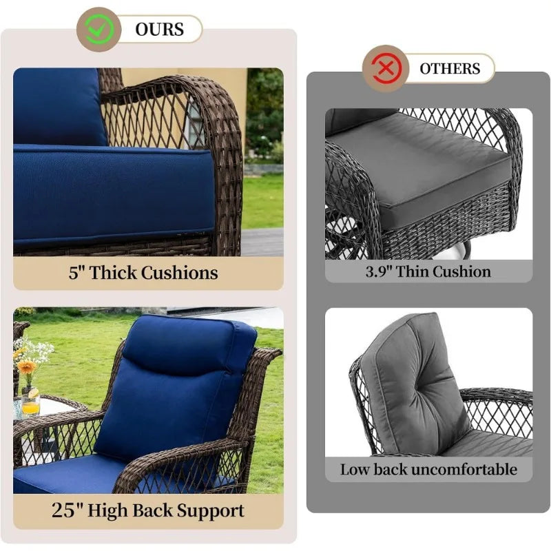 Outdoor Swivel Rocker Chairs 3 Piece Set with Rattan Side Table, Wicker Patio Chair with 5 Thick Cushions & 25 Support Back