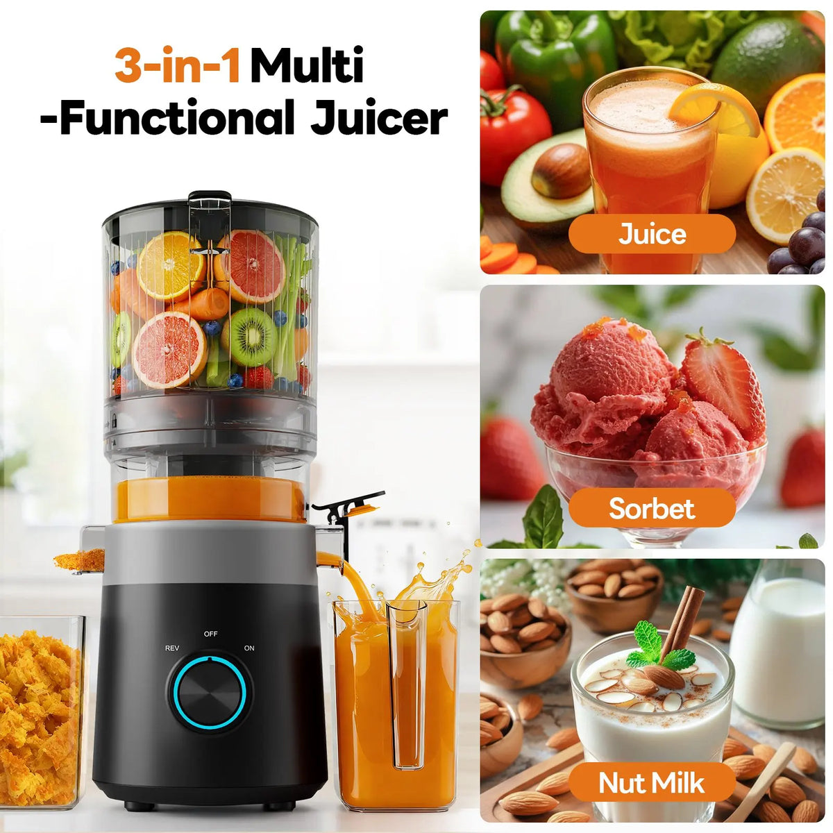 MAX6 Slow Juicer Cold Press Juicer Machine 6" large Feed Chute 3-in-1Multi-Functional Juicer 1000ml Overheat Protection LED Light with Cleaning Brush High Juice Yield