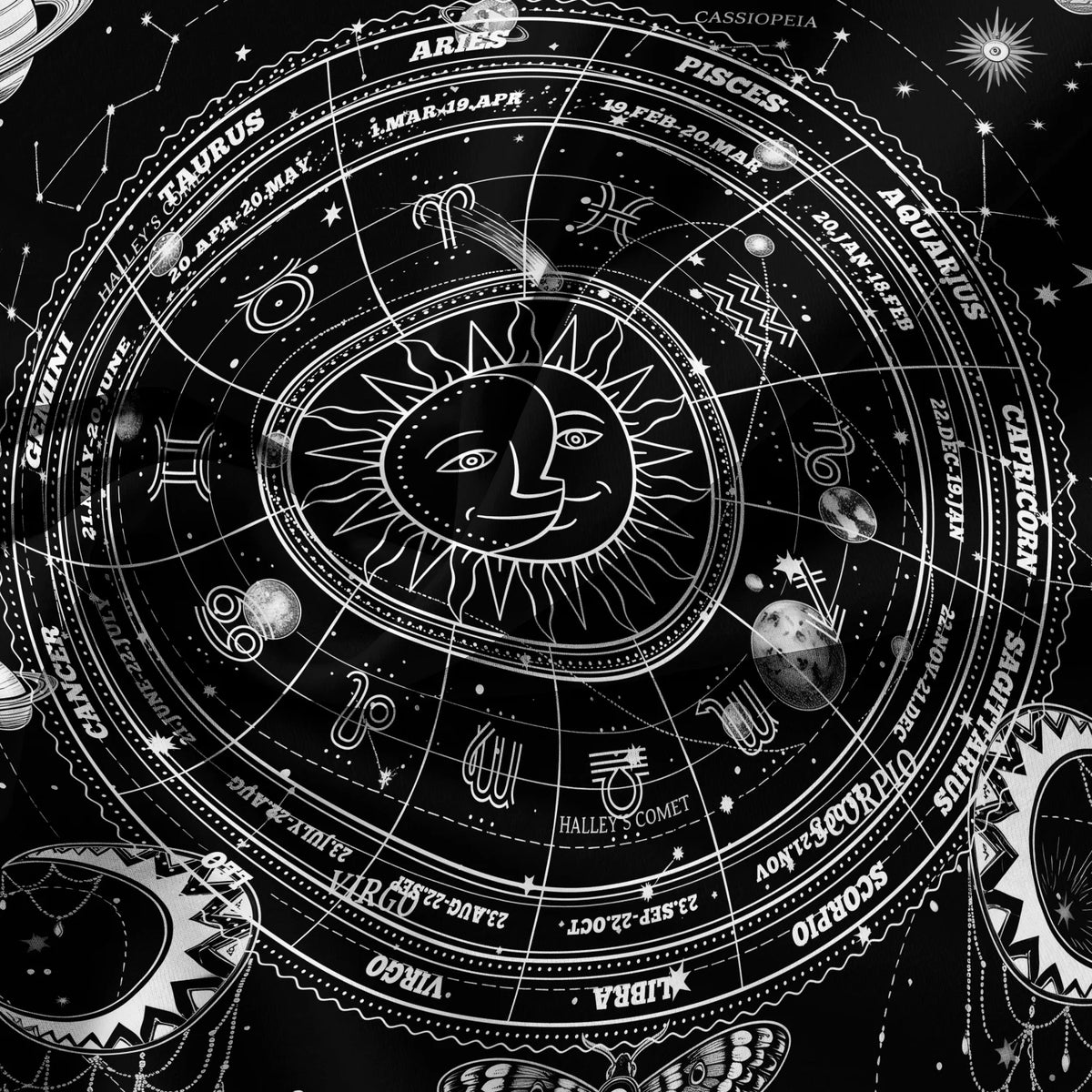 3 Pieces Dark Vintage Celestial Sun Moon Zodiac Constellation Duvet Cover Set, Planet Skull Moth Star Map Print Bedding