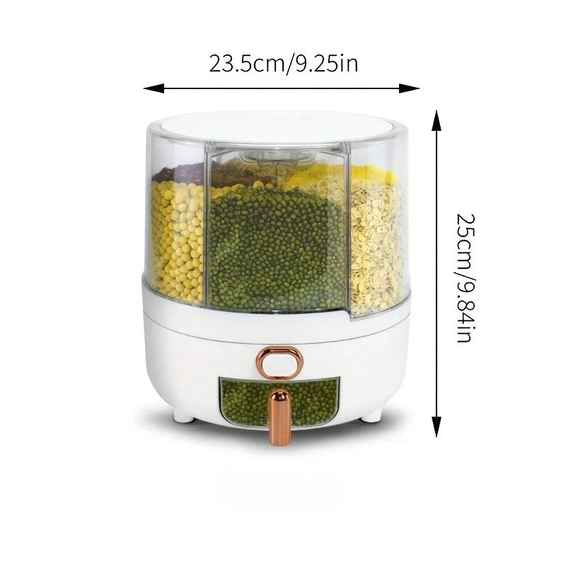 2026 6‑Compartment 360° Rotating Airtight Food Storage Container Moisture‑Proof Cereal Rice Dry Snack Kitchen Pantry Organizer