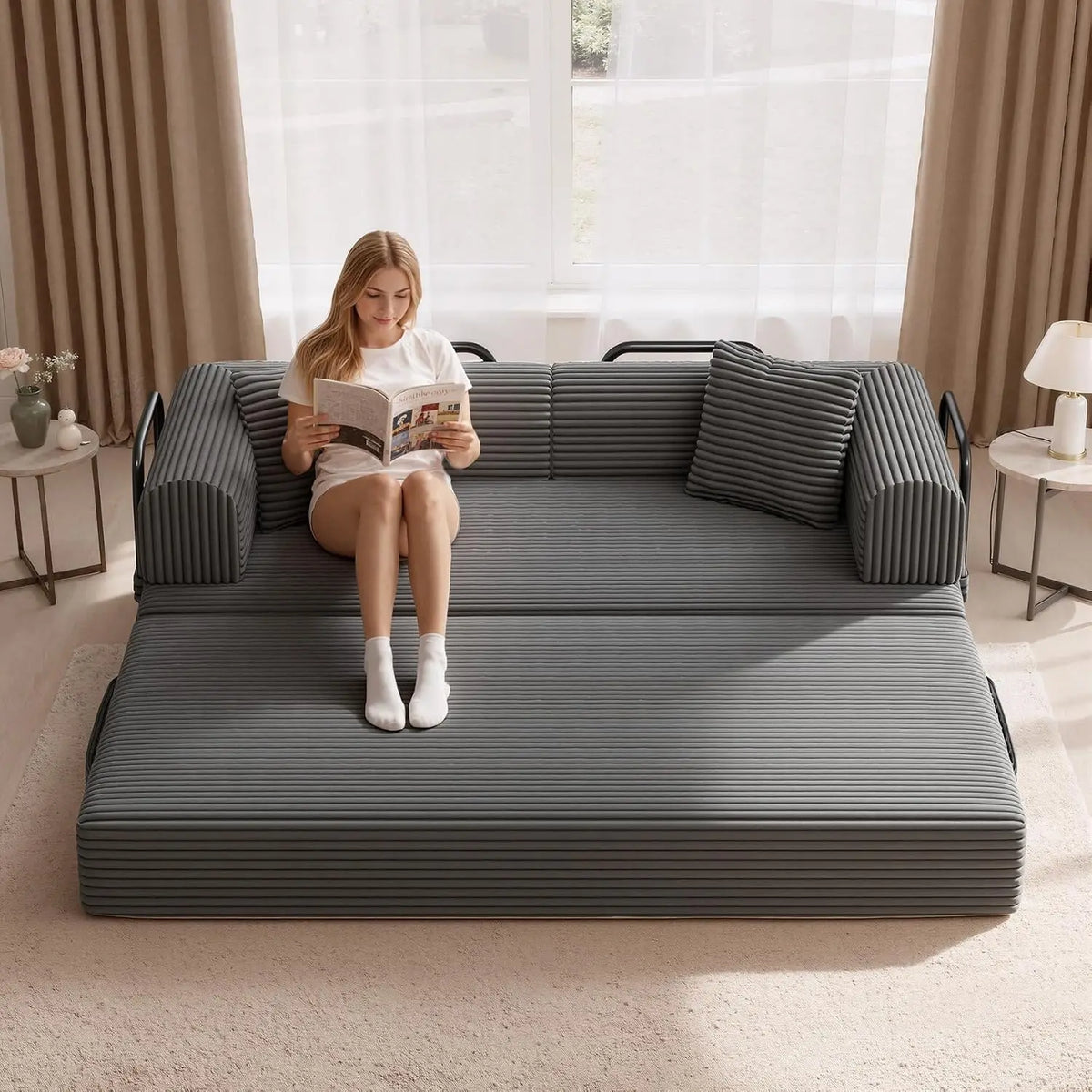 Convertible Coarser Corduroy Sleeper Sofa Bed with Cylindrical Pillow, Folding Mattress Couch with Fixed-Shape, Customized
