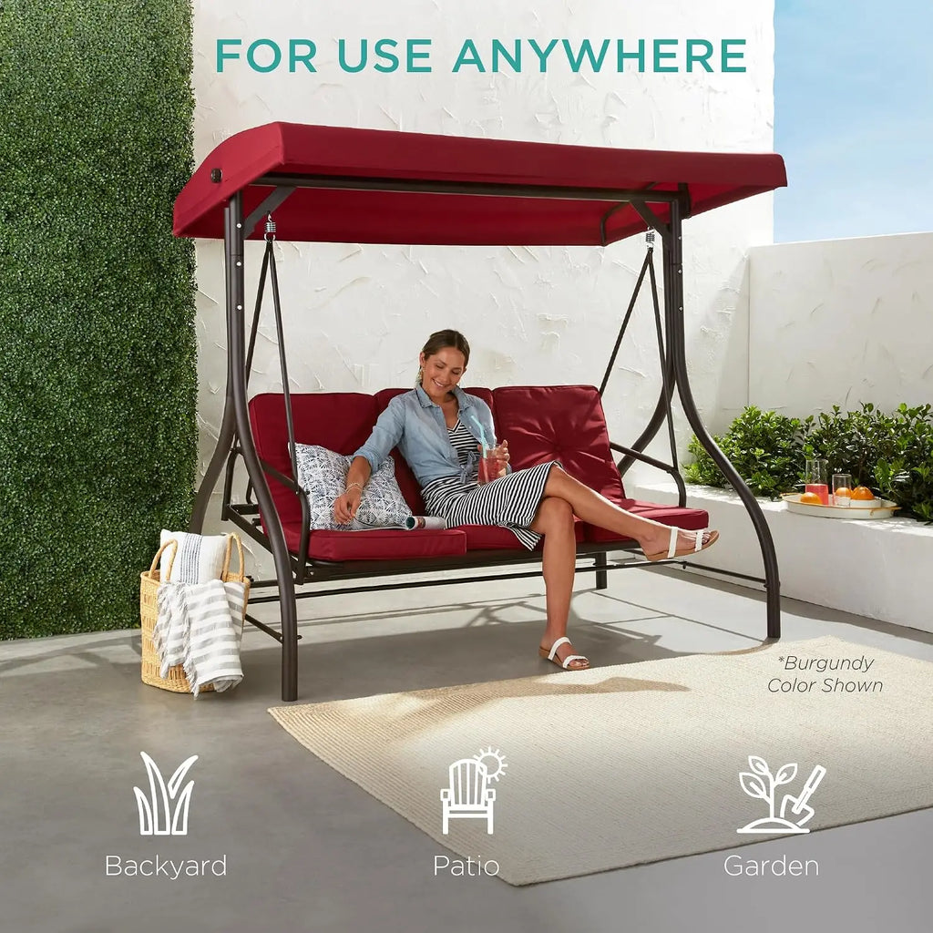 3-Seat Outdoor Large Converting Canopy Swing Glider, Patio Hammock Lounge Chair for Porch, Backyard w/Flatbed,, Customized