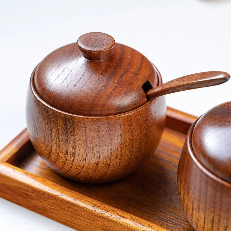 Wooden Seasoning Jar Creative Kitchen Retro Salt Sugar Pot Seasoning Storage Jar With Lid Spoon Wooden Tray Storage Containers