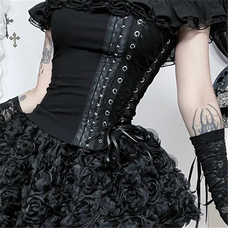 Goth Dark Mall Gothic Solid Square Neck Corset Tops Lace Patchwork Kawaii Off Shoulder Tanks Top Trim Bandage Shirts Streetwear